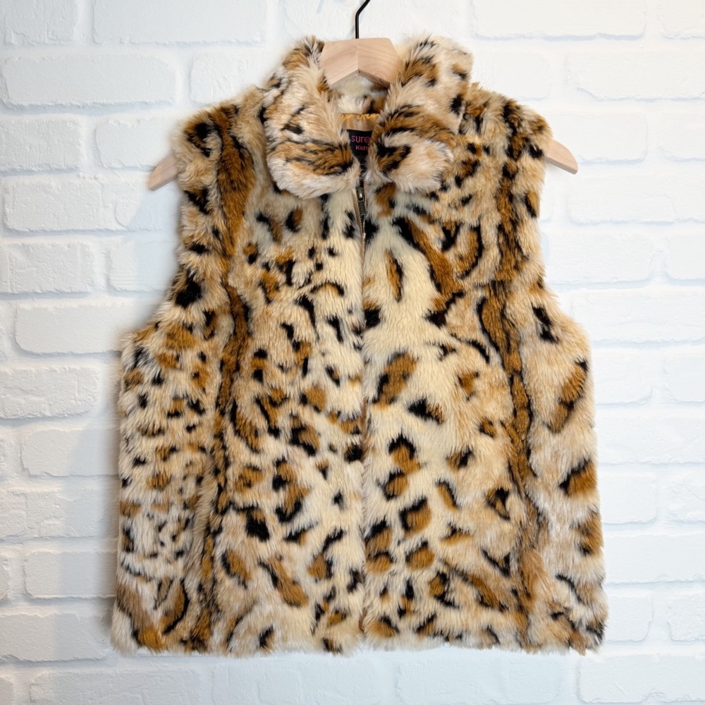 Surell Kids Faux Fur Leopard print Vest Zip Front Gold Satin Lining Girls XL